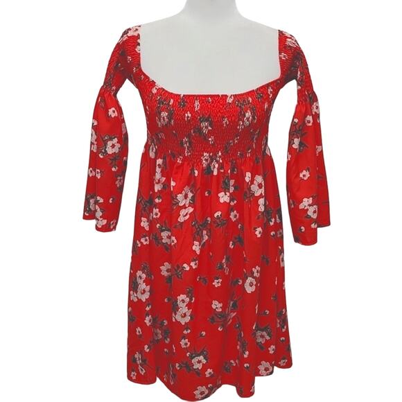 Red Floral Off the Shoulder Mini Dress Belled Sleeves Elastic Top  Size L - Picture 1 of 10